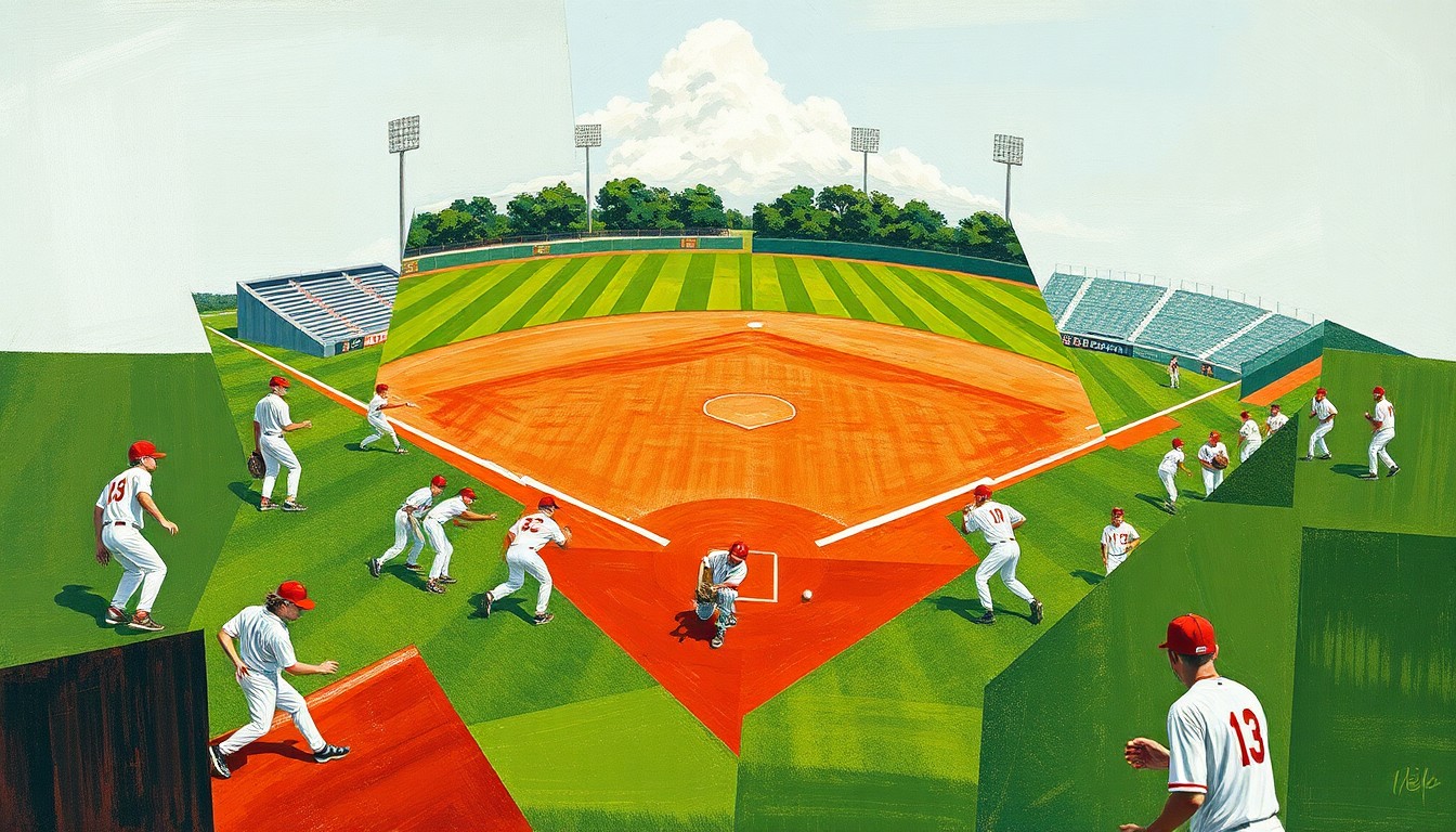 A fragmented, geometric painting depicting the action of a high school baseball game, with sharp planes of green, red, and white representing the field, players, and uniforms.