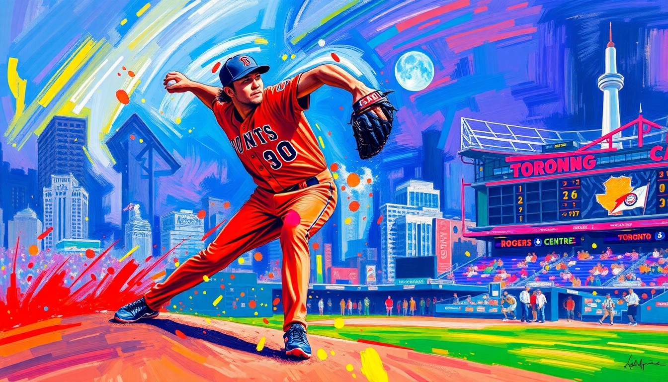 An extreme close-up of Yoshinobu Yamamoto's pitching motion, captured in a vibrant, expressionist style with rapid brushstrokes and neon colors, conceptually representing the raw energy and determination of the Dodgers' star pitcher.