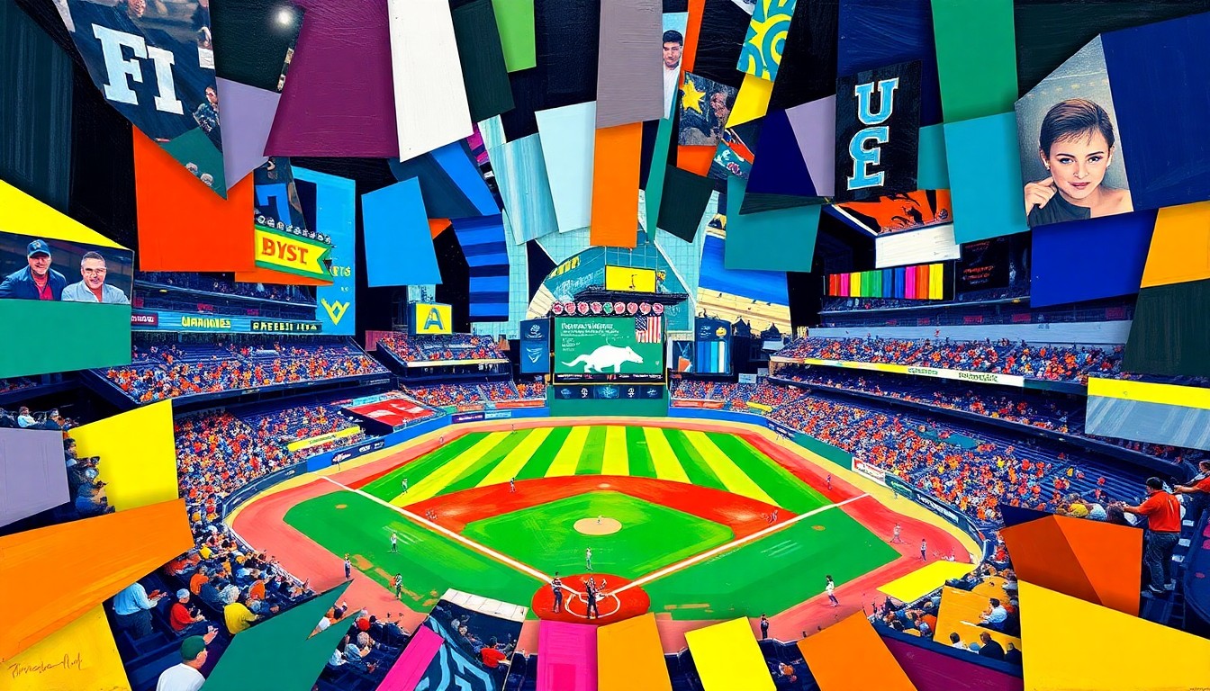 A fractured, multi-perspective painting in bold, overlapping geometric shapes and planes, using the teams' official colors to capture the explosive energy and action of the high-scoring baseball game between the Miami Hurricanes and FIU Panthers.