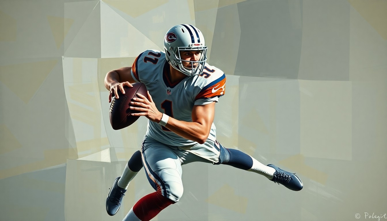 A fractured, cubist-style painting depicting a college football player in motion, with their body broken down into sharp, overlapping geometric shapes and planes, conceptually representing the transition from quarterback to wide receiver.