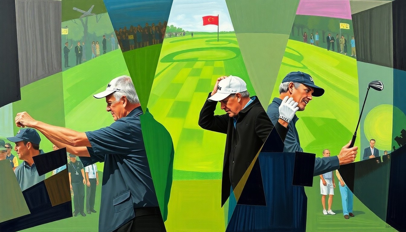 A cubist, geometric painting depicting the overlapping, fragmented movements of three elderly golfers swinging their clubs on the first tee of the Masters Tournament, conceptually representing the passing of the torch to a new generation of players.