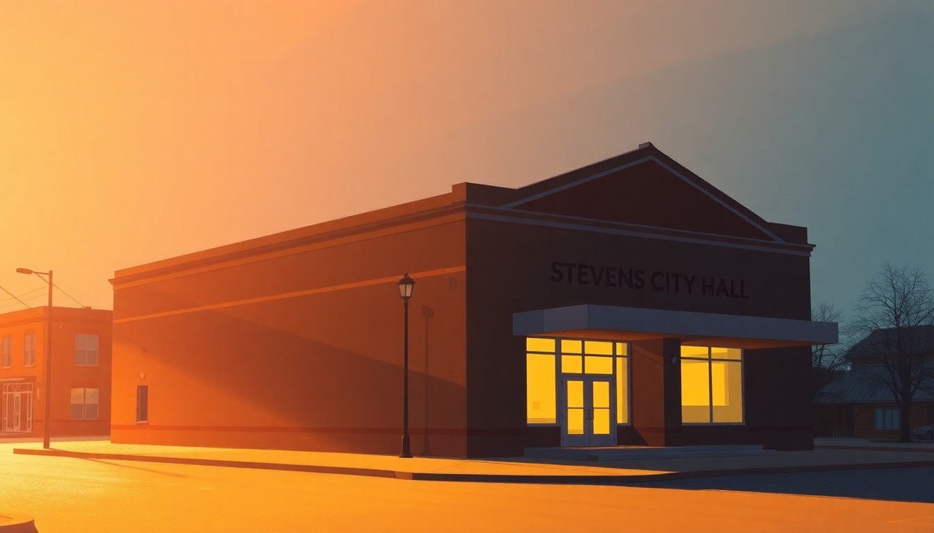 A realistic painting of the exterior of a government building in warm, golden light, with deep shadows and a sense of quiet contemplation, conceptually representing the importance of local governance.