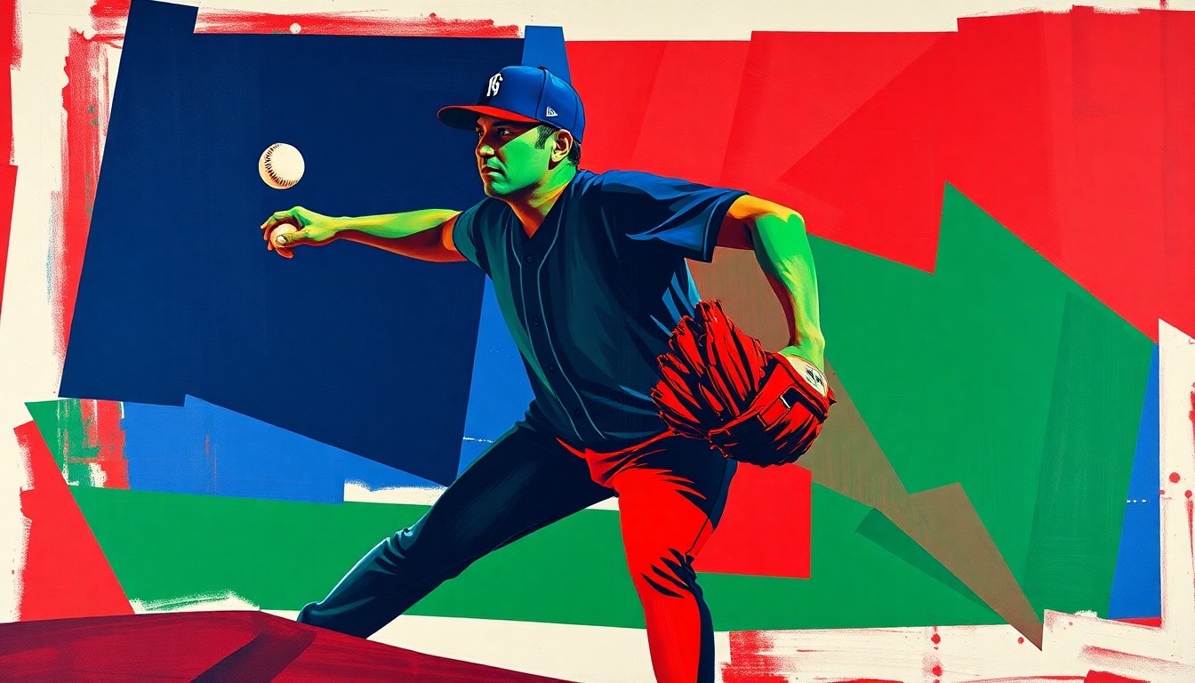 A fractured, geometric painting depicting the various angles and planes of a pitcher's delivery, rendered in a bold, cubist style using navy, green, and red hues to convey the power and precision of the performance.
