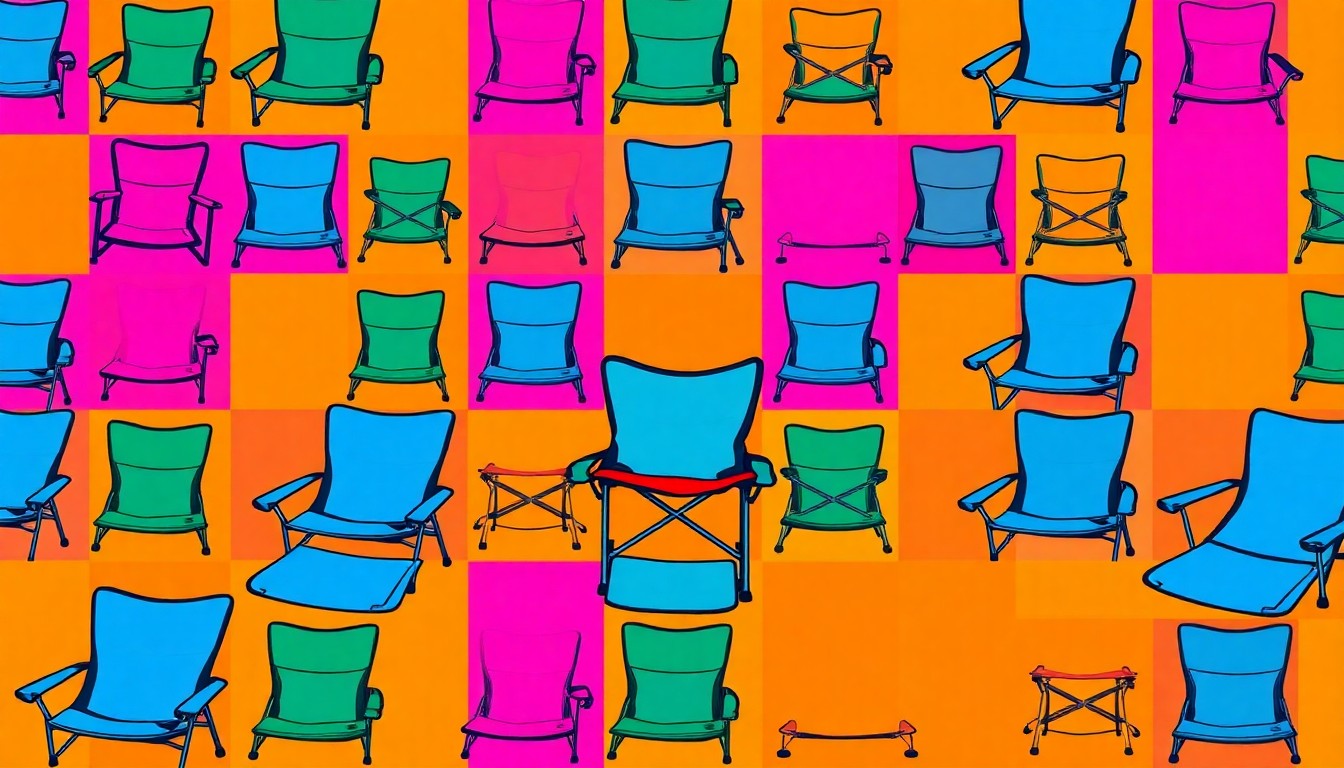 A high-contrast, silkscreen-style illustration of a folding camping chair repeated in a grid pattern, using vibrant neon colors and bold black outlines to transform the everyday object into a modern pop art piece.