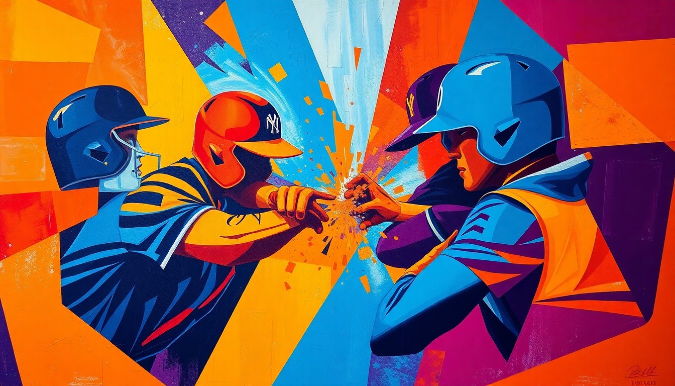 A cubist, geometric painting depicting a chaotic baseball brawl, with players' bodies and equipment fragmented into sharp, overlapping planes of bright colors.