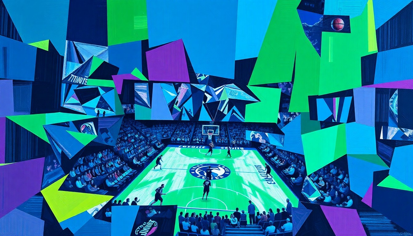 A cubist, geometric painting depicting a fragmented basketball game, with sharp planes of blue, green, and purple representing the Timberwolves' team colors and the fractured nature of their late-season struggles.
