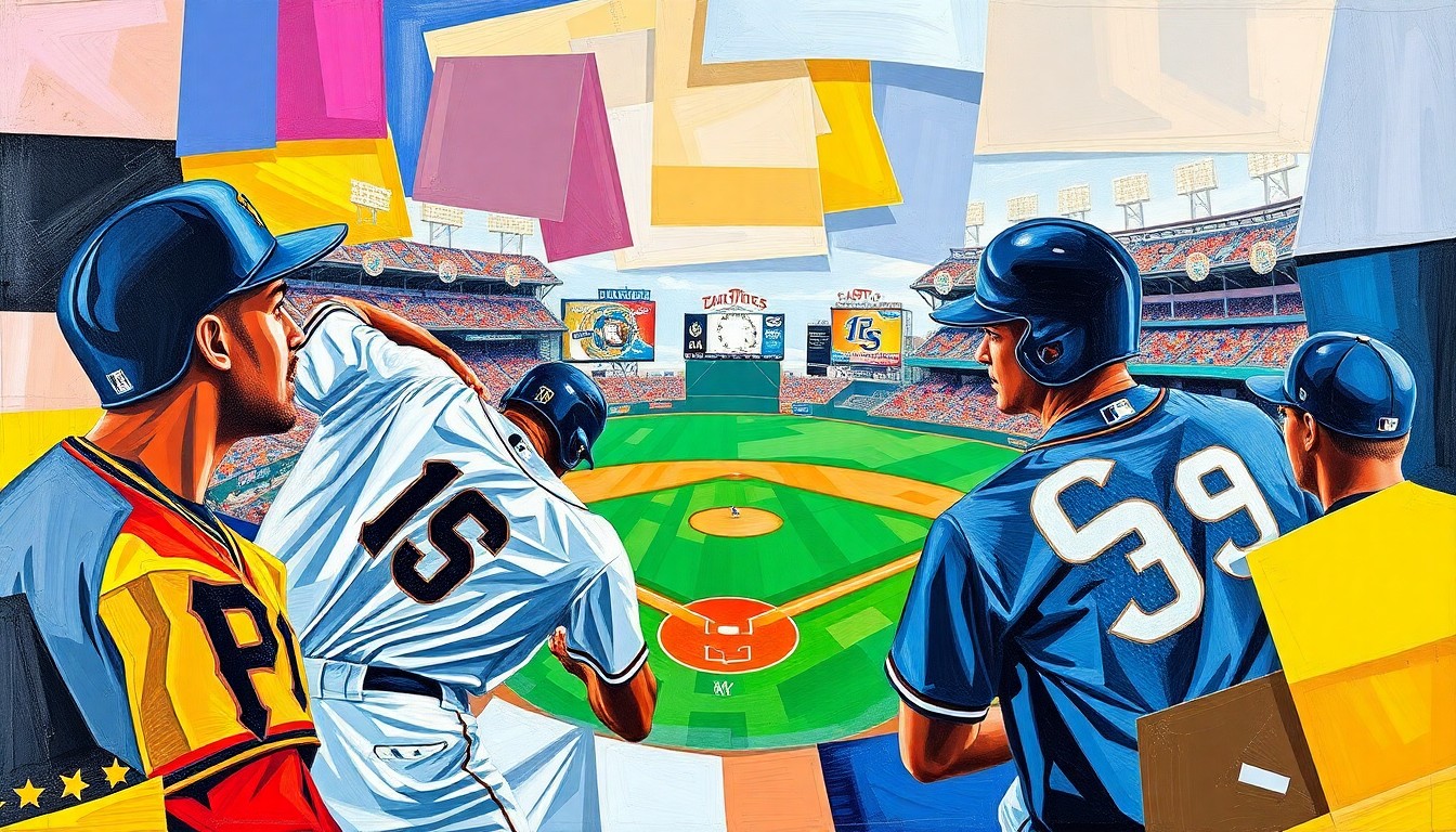 A fragmented, geometric painting depicting the dynamic action of a baseball game, with the players and field broken down into sharp, angular shapes and planes of color.