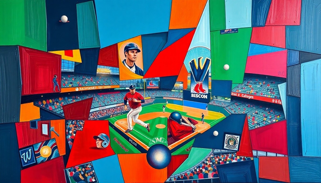 A fractured, multi-perspective painting breaking down a baseball game between the Red Sox and Brewers into sharp, overlapping geometric planes of vibrant red, blue, and green colors, conveying the dynamic action and tension of the close contest.