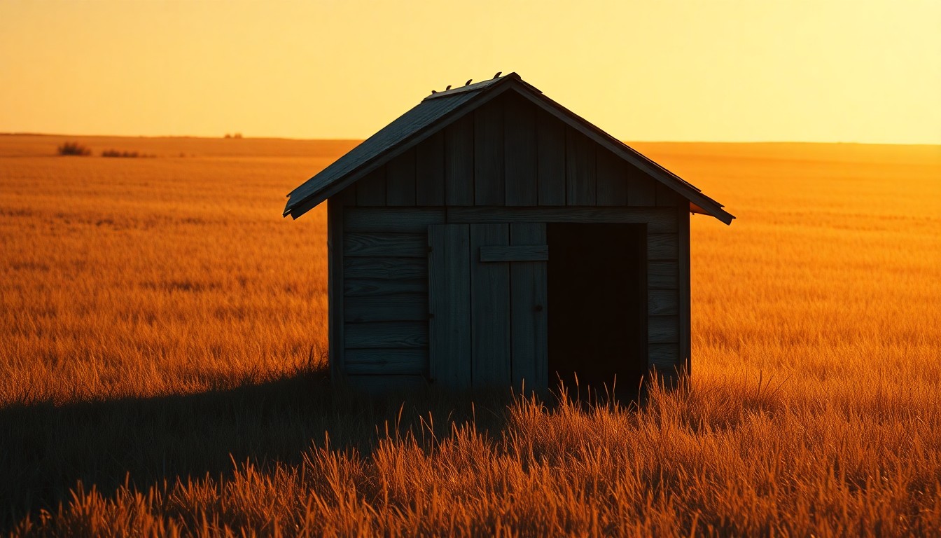 A detailed, photorealistic painting of an old, weathered dog house sitting alone in a grassy field, with warm sunlight casting deep shadows across the scene, conveying a sense of solitude and abandonment.