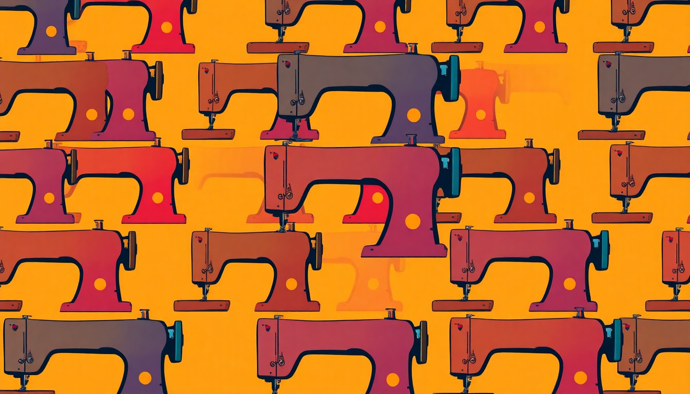 A bold, graphic illustration of a sewing machine repeated in a vibrant, high-contrast pop art style, conceptually representing the challenges facing the garment industry's aging workforce.