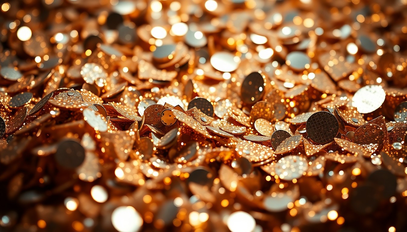 An abstract close-up image of shimmering, glittering textures in dramatic studio lighting, conveying the glamour and energy of a major music festival performance.