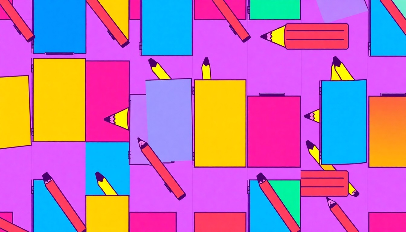 A brightly colored, abstract grid of silkscreened school supply objects in neon shades of pink, green, and blue, conceptually representing the energy and optimism of a new school board election.