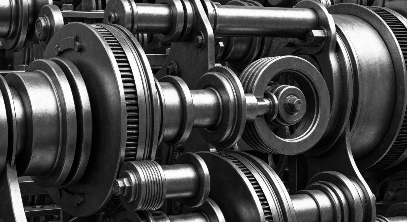 An extreme close-up of heavy, industrial banking machinery and equipment in a high-contrast, cinematic style, conveying a sense of financial security and economic infrastructure.
