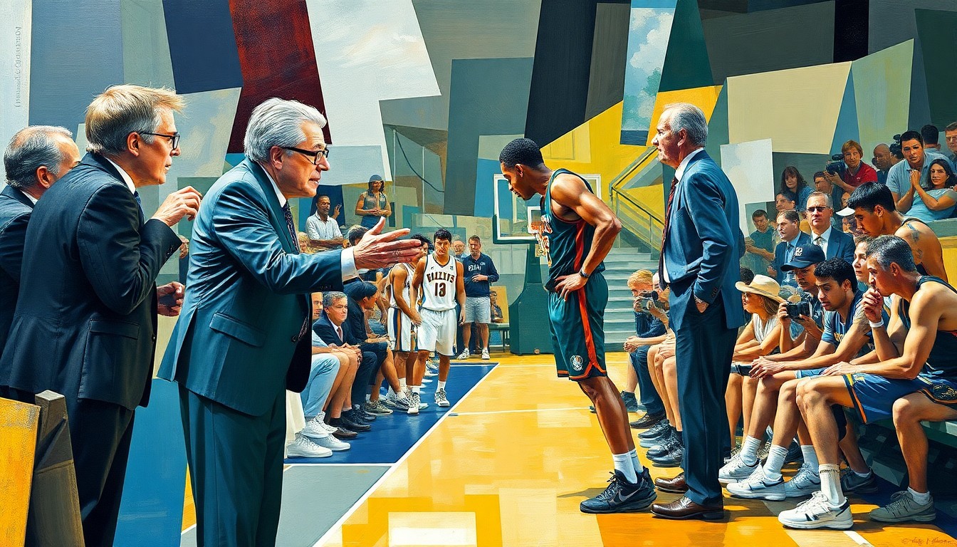 A fragmented, cubist-style painting depicting the animated confrontation between a basketball coach and player on the sideline, with their figures broken down into sharp, overlapping geometric shapes and planes.