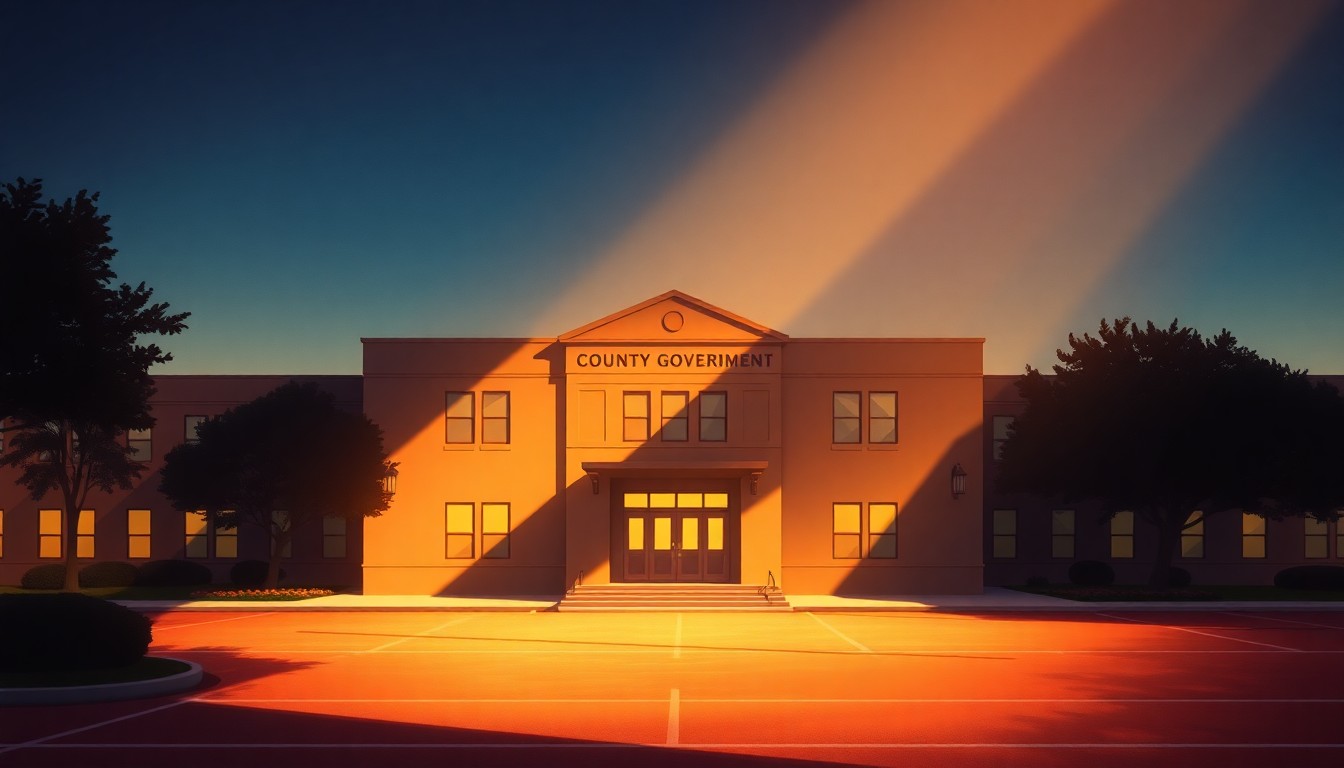 A realistic painting of a government building in a small town, with warm lighting and deep shadows creating a sense of solemnity and civic pride.