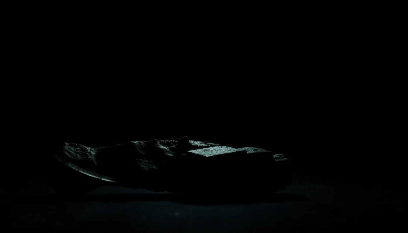 An extreme close-up photograph of a grim forensic relic from the Gilgo Beach crime scene, such as a piece of evidence or a crime-related object, lit by a harsh, direct camera flash against a pitch-black background, creating a stark, gritty, investigative aesthetic.