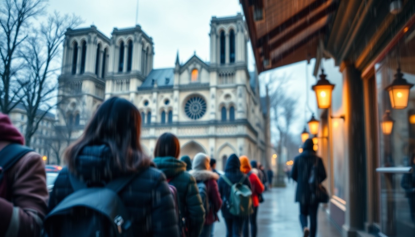 An extremely abstracted, out-of-focus photograph of students waiting in line outside a church, with soft pools of warm light and color creating an atmospheric, dreamlike quality.