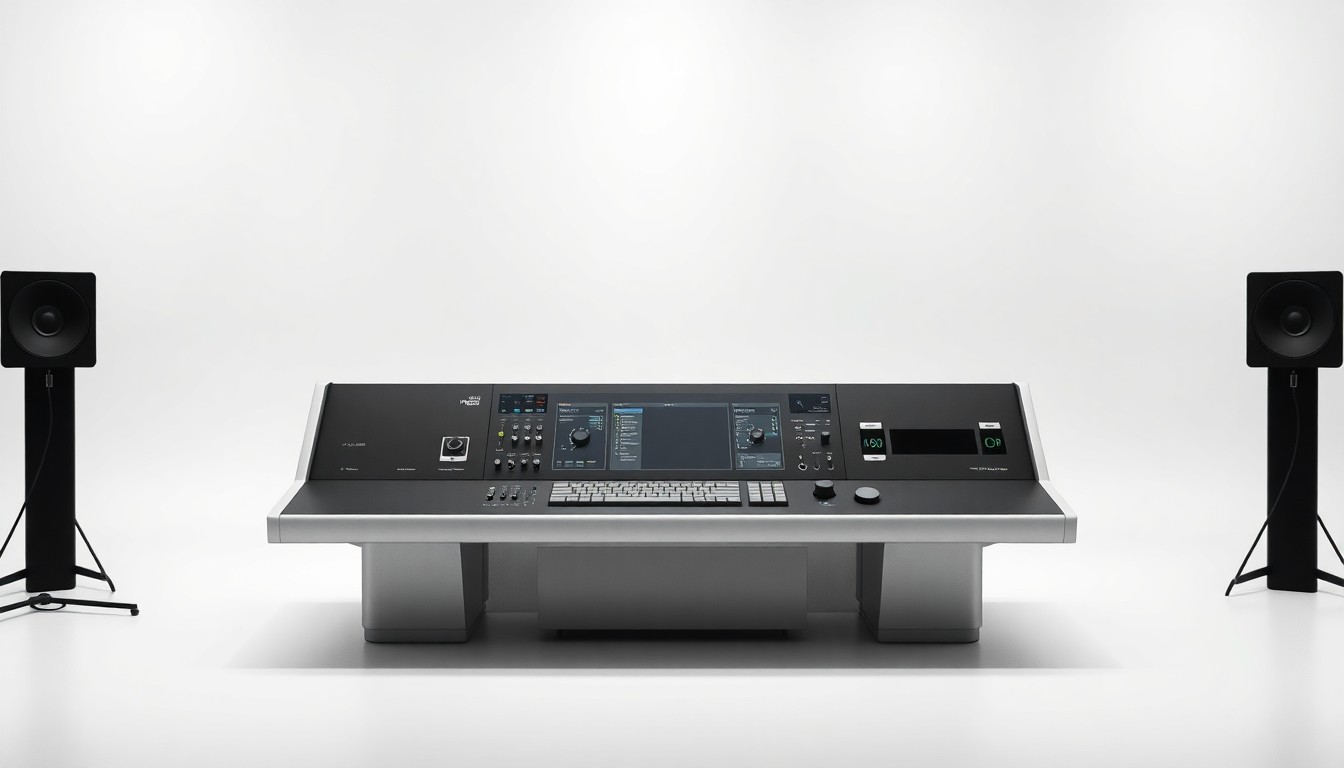 An extreme close-up of a sleek, minimalist media production control panel with clean lines, smooth surfaces, and subtle metallic accents, conceptually representing ASG's expertise in advanced broadcast engineering and systems integration.