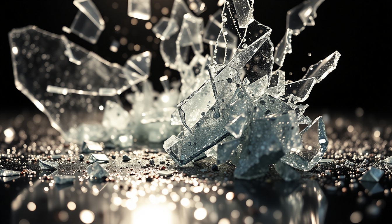 An extreme close-up photograph of shattered glass and glittering sequins, captured in high-contrast studio lighting to create a visually striking and conceptual representation of the drama and personal journeys explored in the TV series 'Shrinking'.
