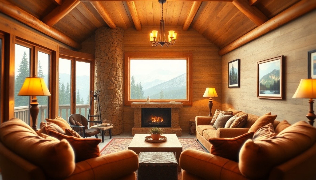 An extremely abstracted, out-of-focus photograph in soft pools of warm light and color, capturing the cozy, intimate atmosphere of a rustic mountain living room with a stone fireplace, plush furniture, and glimpses of natural scenery outside the windows.