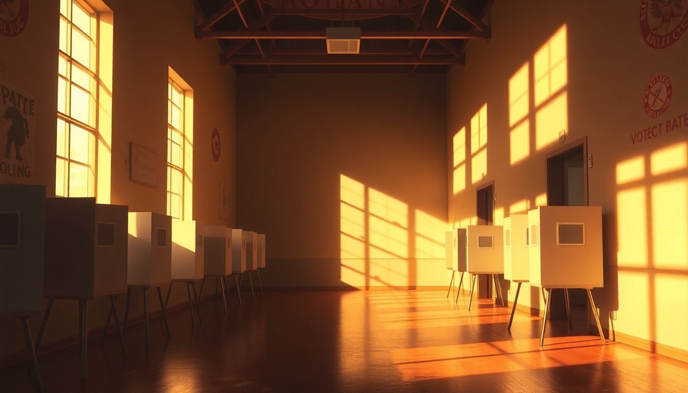 A serene, painterly interior scene of an empty polling station, with warm natural light streaming in through large windows and casting deep shadows across the space, conveying a sense of civic duty and solemnity.