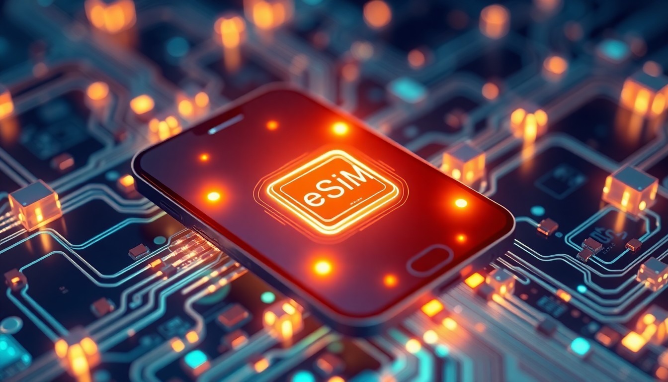 A highly detailed, glowing 3D illustration of a mobile device with a pulsing eSIM icon, surrounded by a network of luminous fiber-optic cables and cybernetic hardware elements, conceptually representing the seamless connectivity enabled by CallTower's eSIM integration for unified communications platforms.