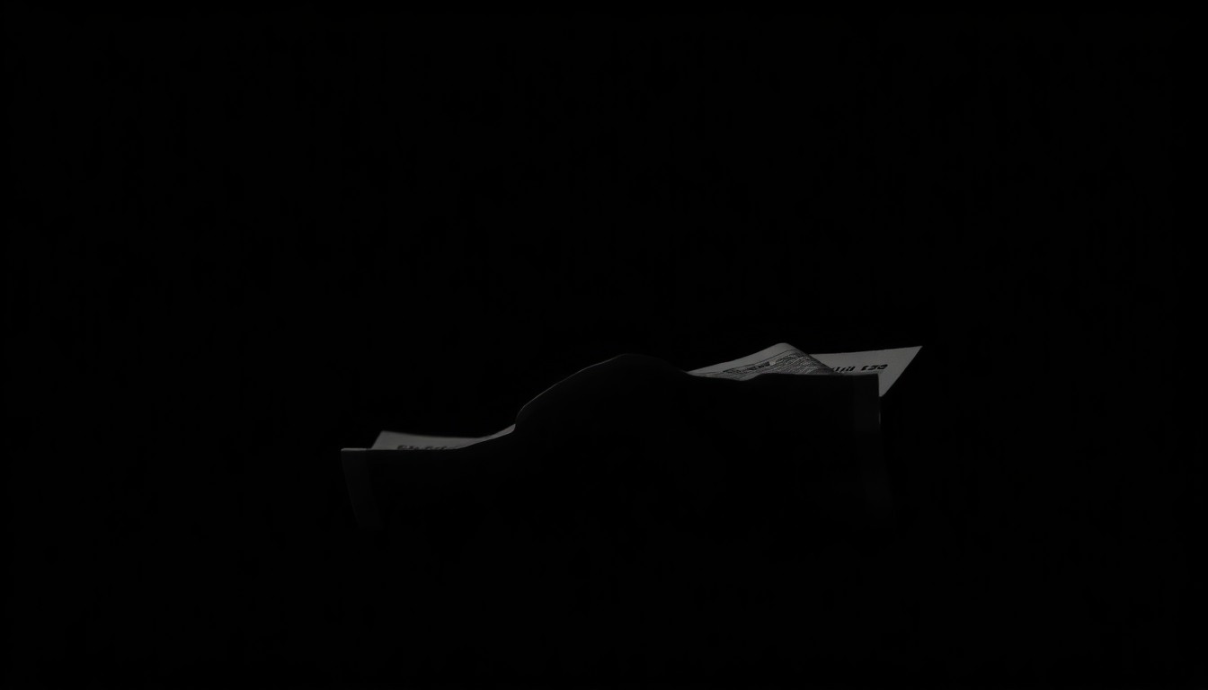 An extreme close-up photograph of a crumpled financial document, its edges and creases dramatically lit by a harsh camera flash against a pitch-black background, conveying a sense of investigation and financial wrongdoing.