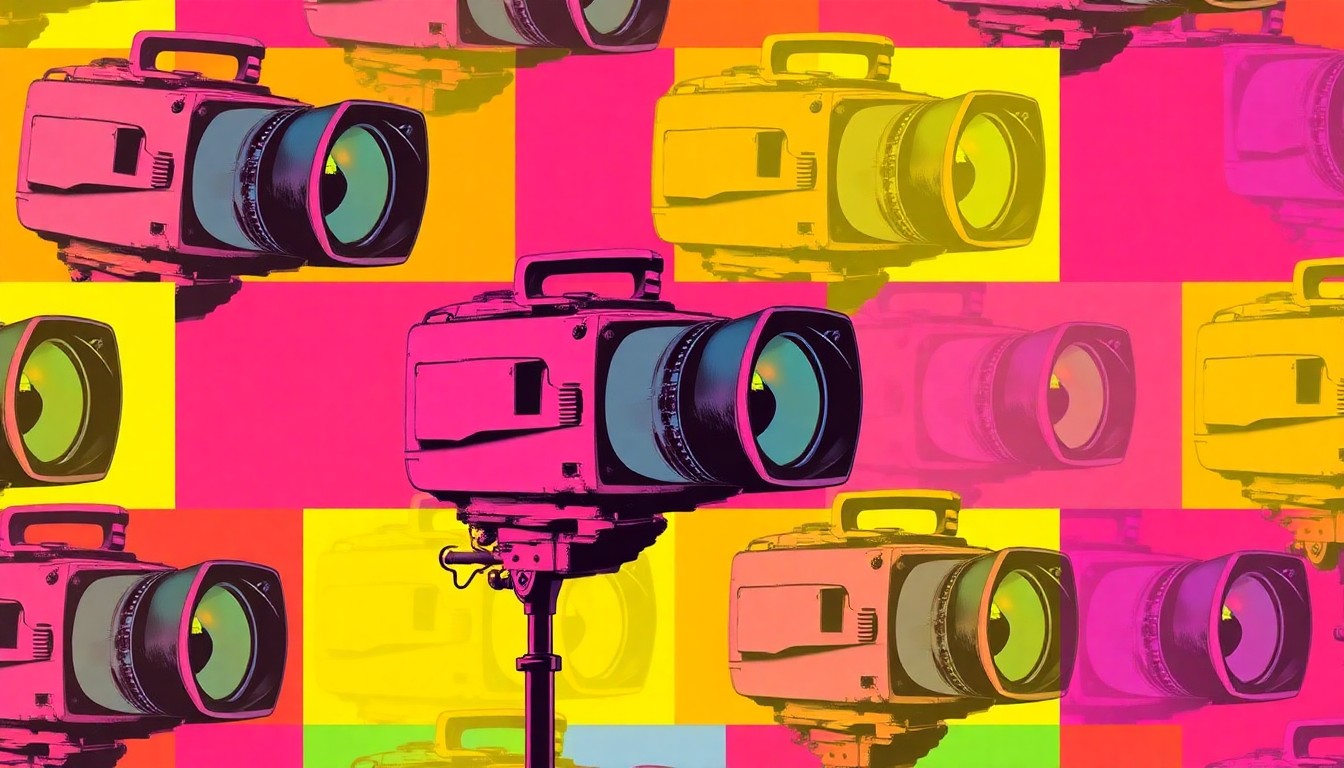 A vibrant, abstracted silkscreen print featuring a repeating pattern of a vintage television camera in neon pink, yellow, and blue hues, conceptually representing the legacy of impactful journalism.