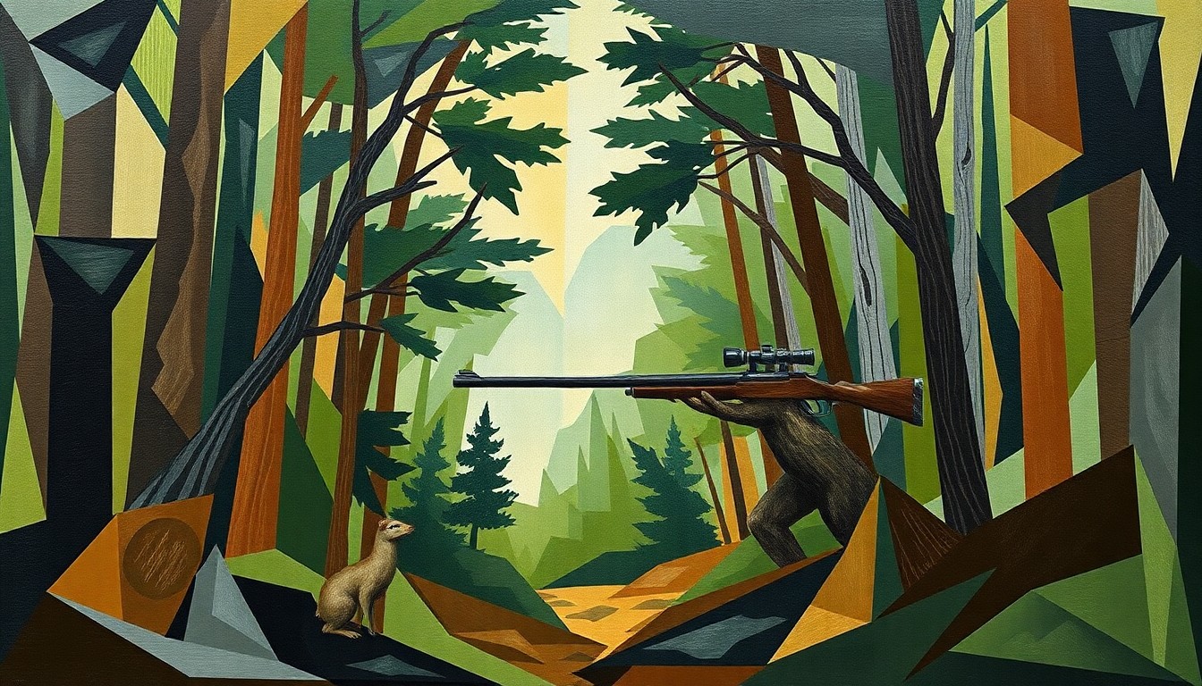 A cubist, geometric painting depicting the fragmented elements of a hunting scene, with overlapping planes of forest greens, earth tones, and gunmetal grays, conceptually representing the cultural significance of this outdoor activity in Idaho.