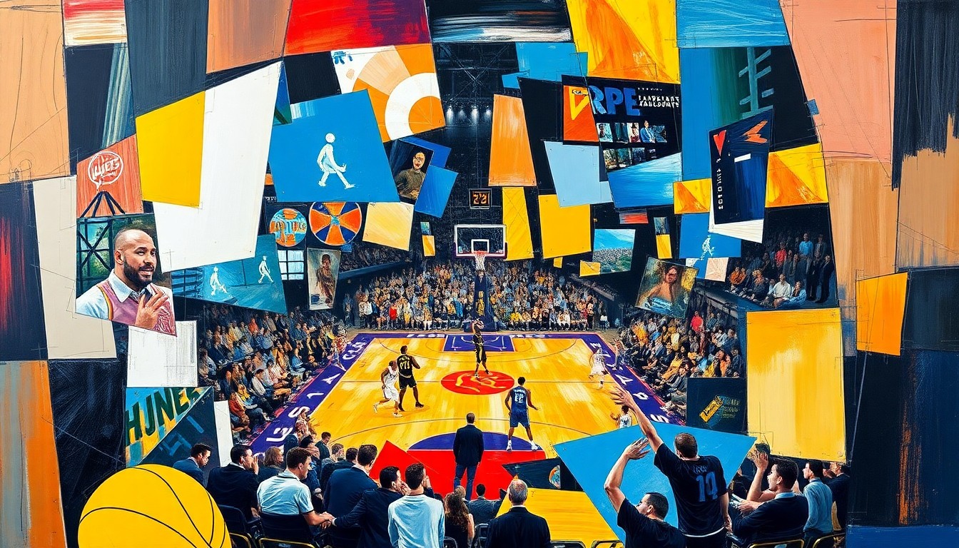 A fragmented, geometric painting depicting the action and movement of a basketball game, with players and the court broken down into sharp, overlapping shapes and planes of color, conveying the intensity and dynamism of the lopsided matchup between the Thunder and Lakers.