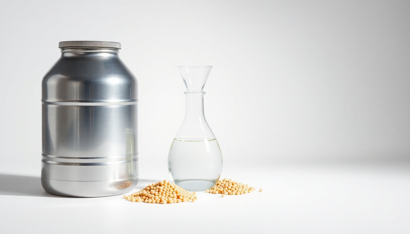 A photorealistic studio still life featuring a polished metal milk can, a glass beaker, and a pile of feed pellets, conceptually representing the innovations in dairy farming genetics that promote sustainability and profitability.