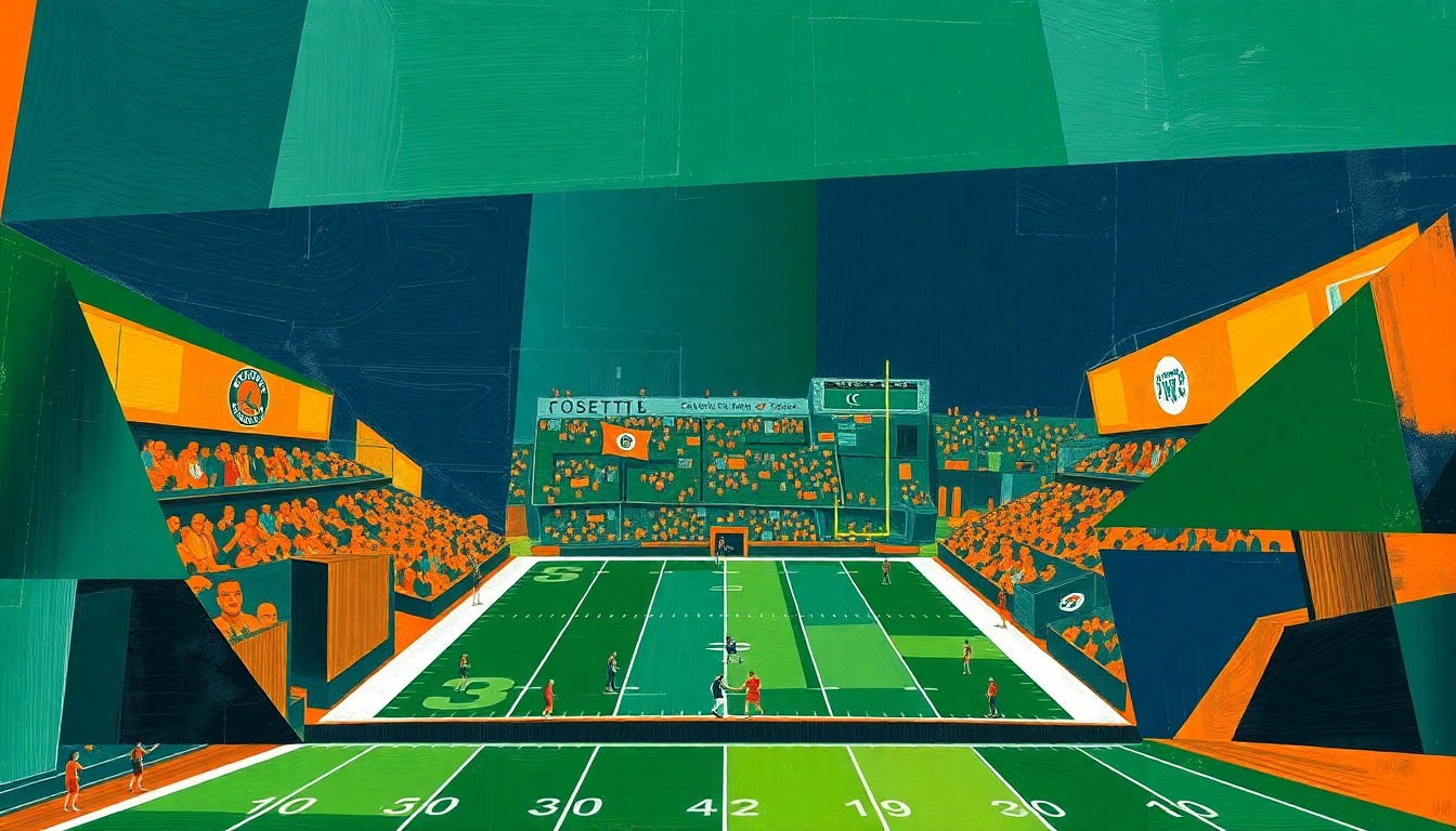 A cubist, geometric painting in navy, green, and orange tones, deconstructing a college football game into sharp, overlapping planes, conceptually representing the fragmented experience of sports fandom in the age of sports betting.