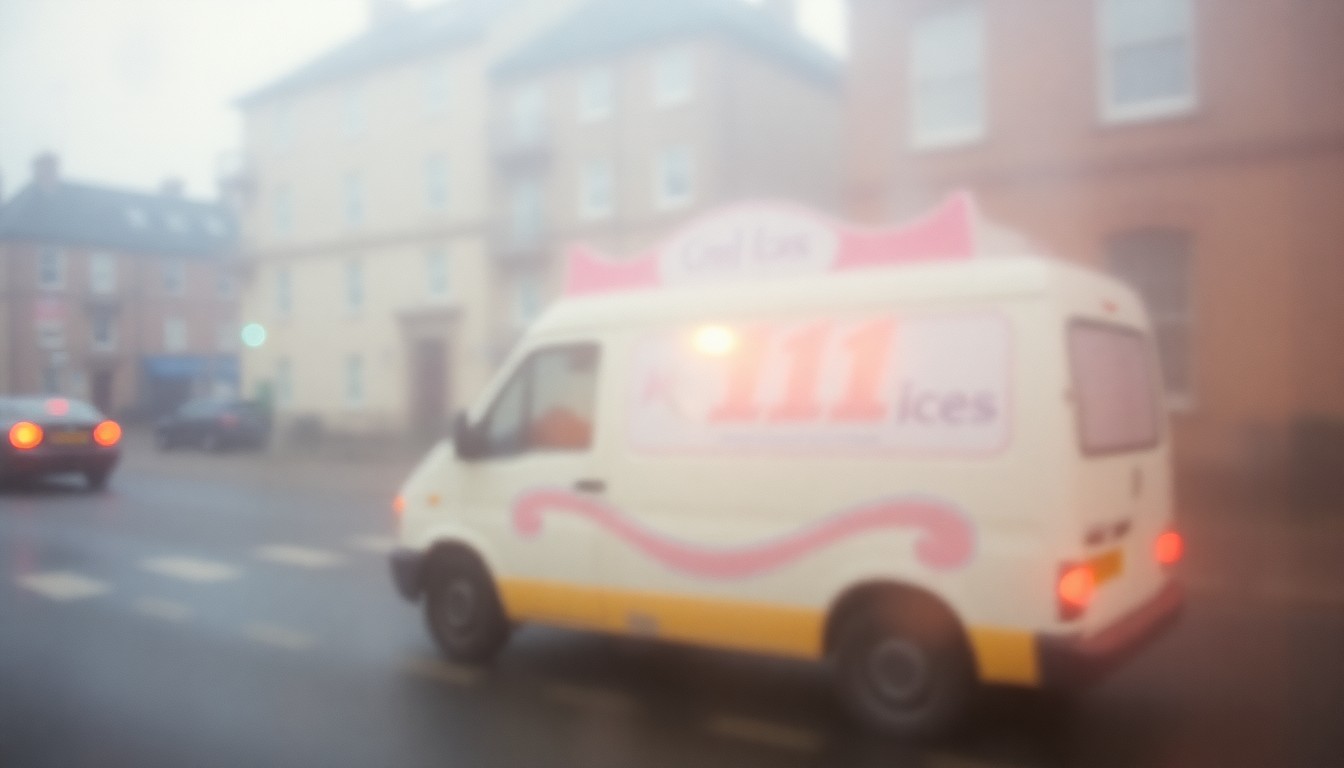 An impressionistic, out-of-focus photograph depicting the faint outline of an ice cream van on a Dundee street, conveying the nostalgic and atmospheric essence of this local business.