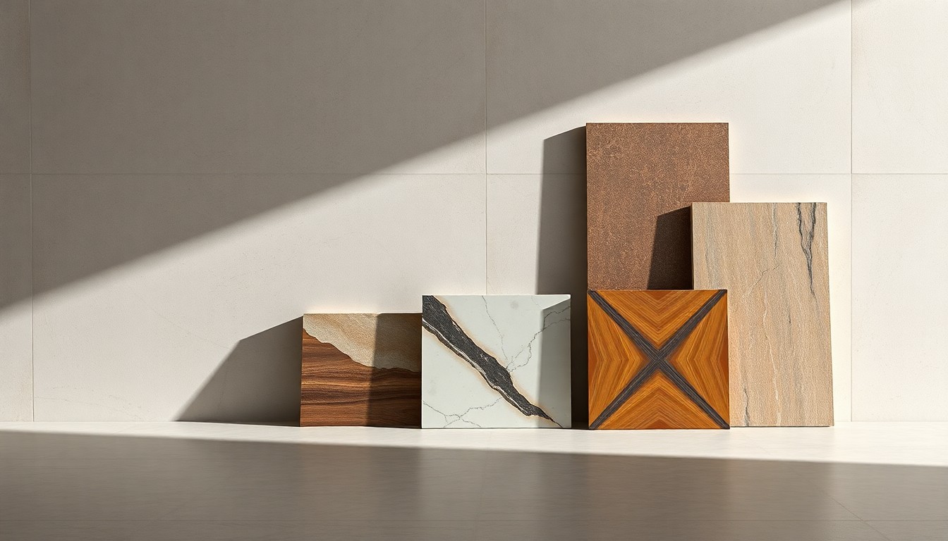 A high-end, photorealistic studio still-life photograph featuring a selection of premium Italian tile samples arranged elegantly on a clean, monochromatic background. The tiles showcase bold, geometric patterns in a range of earthy colors, representing the craftsmanship and innovation behind Italian tile design.