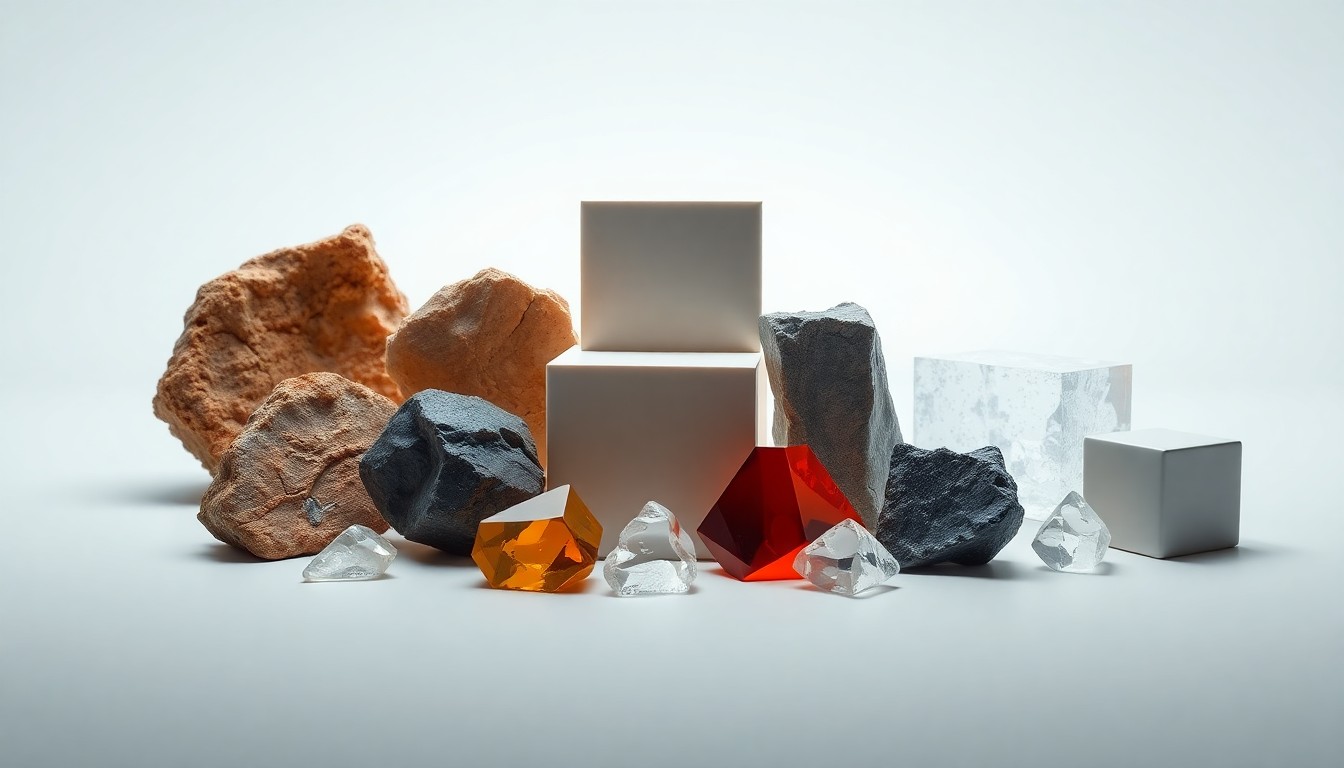 A photorealistic studio still-life featuring a collection of polished metal and mineral objects arranged elegantly on a clean, monochromatic background, conceptually representing the abstract financial and strategic elements of the lithium-ion battery cathode industry.