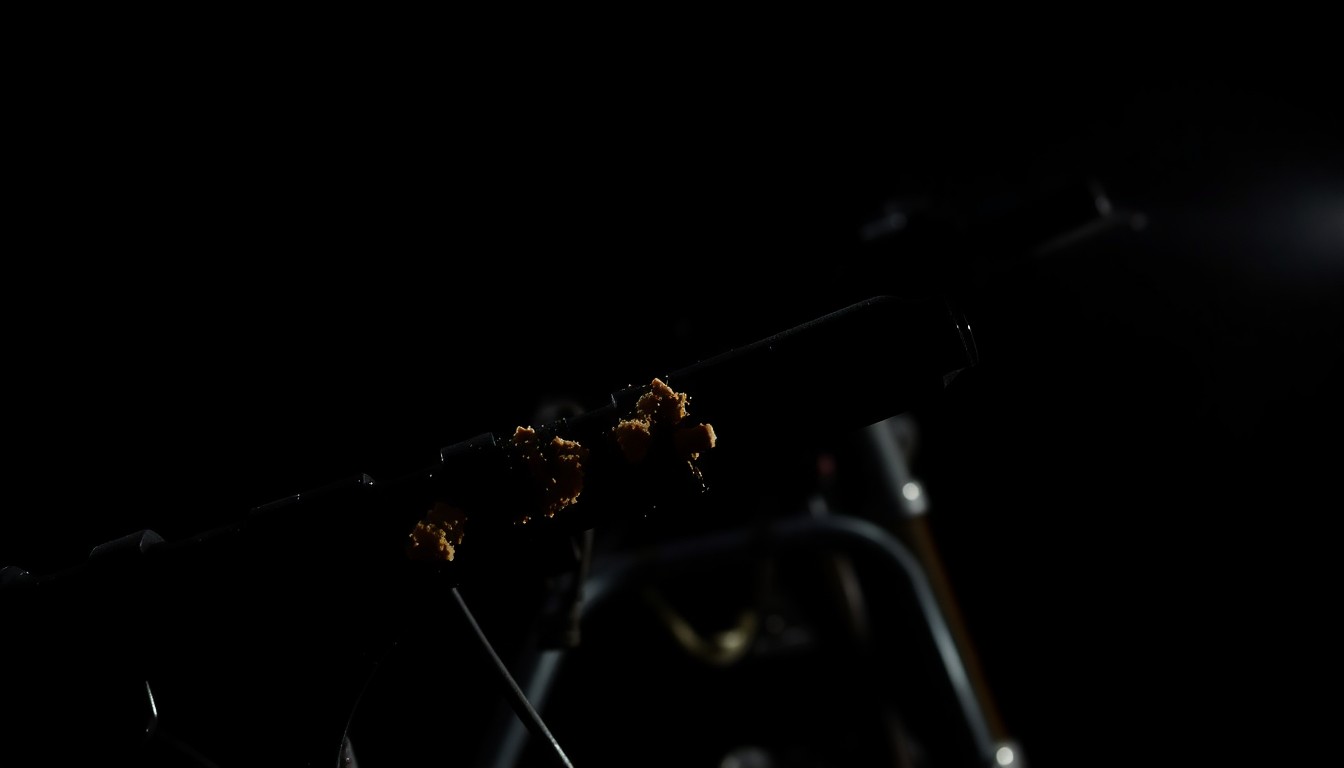 An extreme close-up photograph of a damaged motorcycle part or piece of a fence, lit by a harsh, direct camera flash against a pitch-black background, creating a stark, gritty, investigative aesthetic that conceptually illustrates the aftermath of a high-speed dirt bike crash.