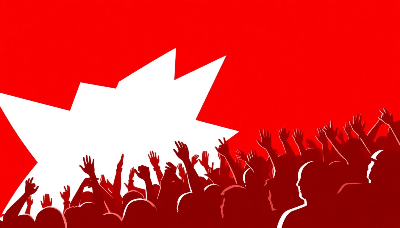 A striking, abstract composition of bold, geometric shapes in red and white, conceptually representing the interconnected relationship between global pop stars and their dedicated fan bases.