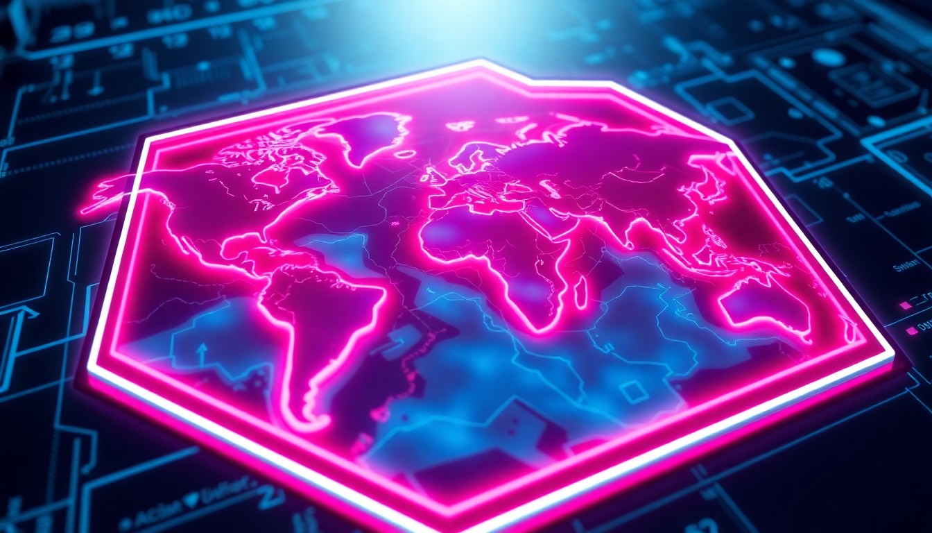 A glowing, high-tech digital map interface with neon lights, conceptually representing the advanced tracking features for the video game Marathon.