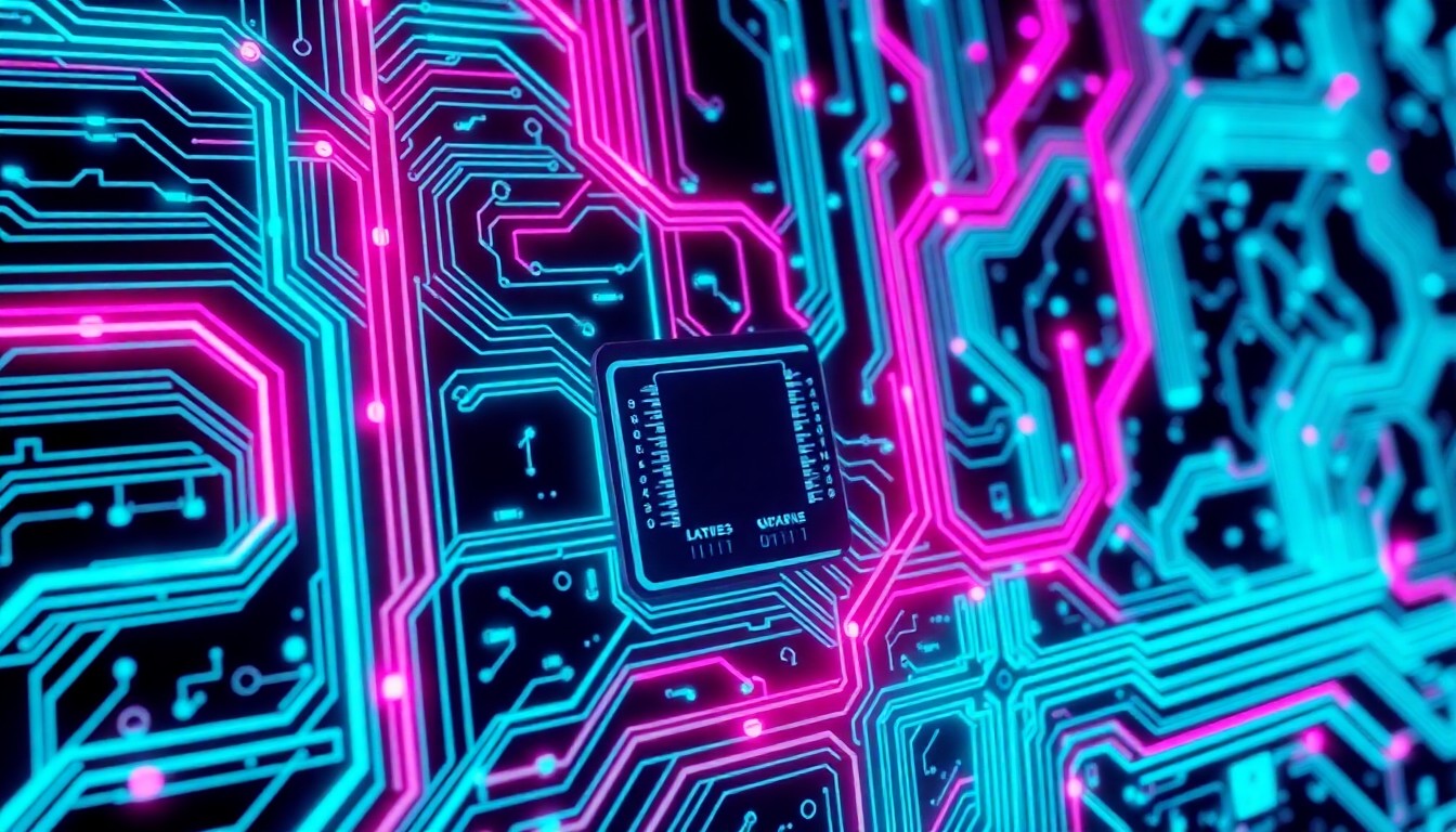 A highly detailed, glowing 3D illustration of a complex circuit board with neon cyan and magenta lights pulsing through the interconnected components, conceptually representing the secure and high-performance infrastructure powering the latest advancements in open source AI.