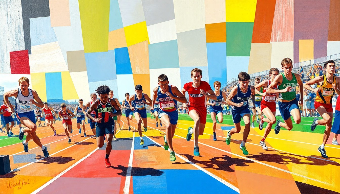 A cubist-style painting depicting a high school track and field competition, with overlapping geometric shapes and planes of color representing the athletes in motion.