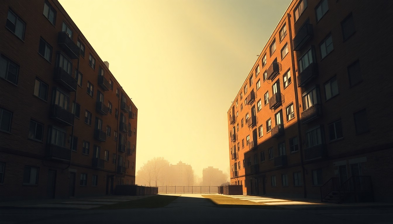 A realistic painting of a tall, aging public housing tower in muted earth tones, with dramatic shadows and highlights evoking a sense of political and social tension surrounding the leadership change.
