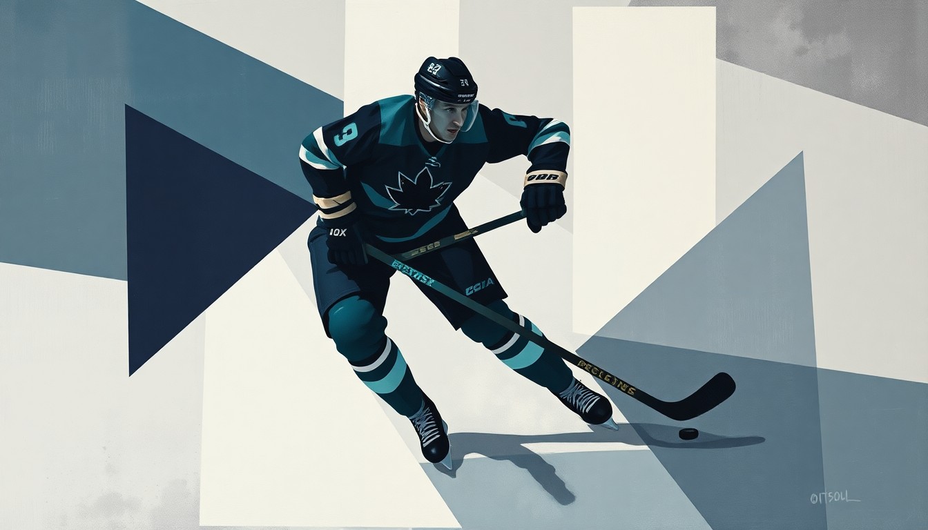 A cubist, geometric painting depicting a hockey player's body broken down into sharp, overlapping planes of navy, teal, and gray, conveying the fragmented nature of the Panthers' injury-plagued season.
