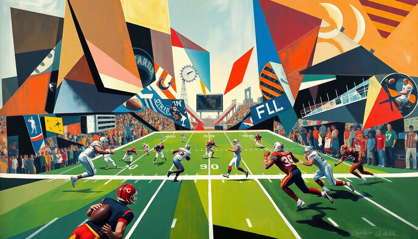 A fractured, geometric painting depicting the explosive action and movement of a UFL football game, with players and the field rendered as abstract shapes and angles in a cubist style.