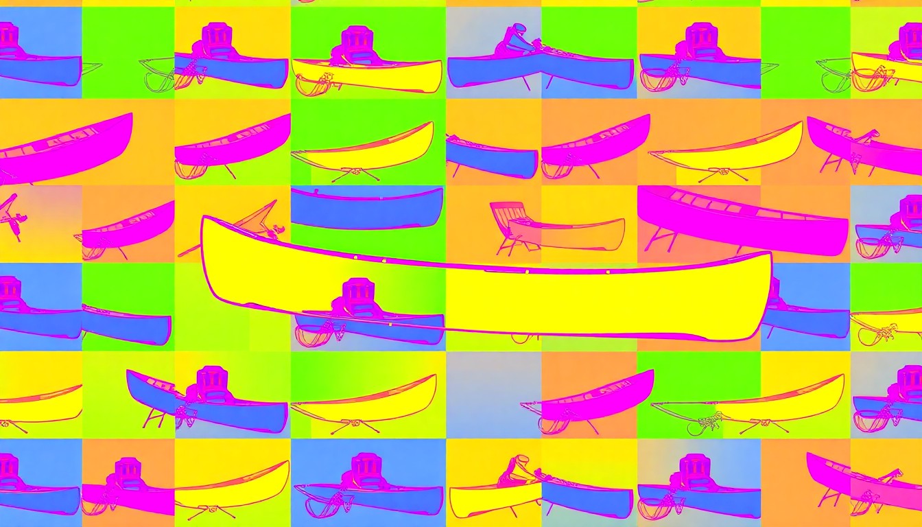 A brightly colored, high-contrast silkscreen print of a canoe repeated in a tight grid pattern, conceptually representing the outdoor lifestyle and recreation elements of this modern cabin retreat.
