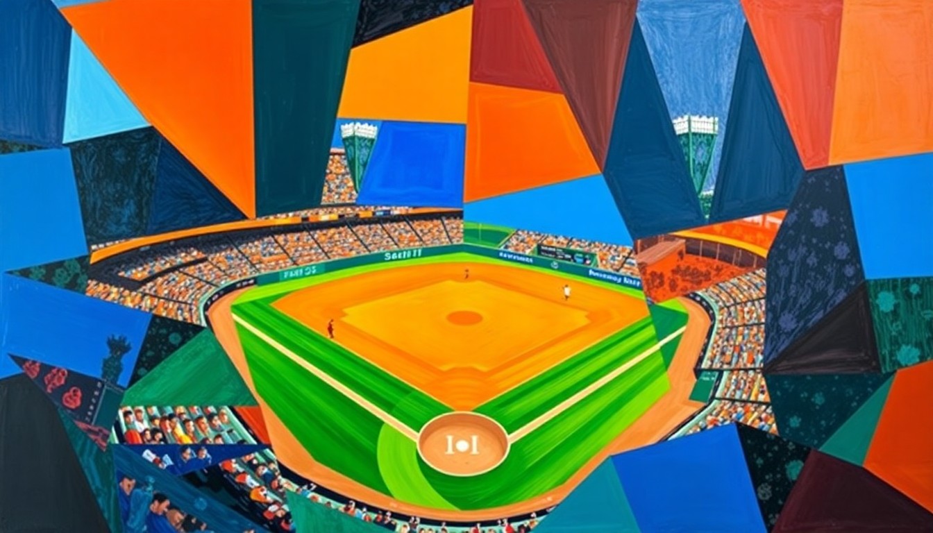 A cubist-style painting featuring overlapping geometric shapes and planes in vibrant colors, conceptually representing the action and energy of a baseball game.