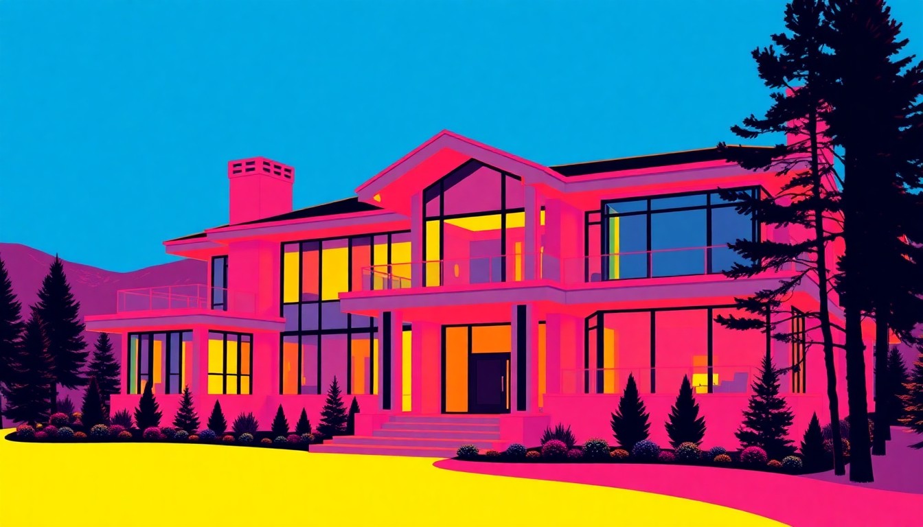 A high-contrast, silkscreen-style illustration of a large, modern mountain home exterior repeated in a grid pattern, rendered in bright, neon-like colors with heavy black outlines, conceptually representing the luxury and customization of this expansive property.