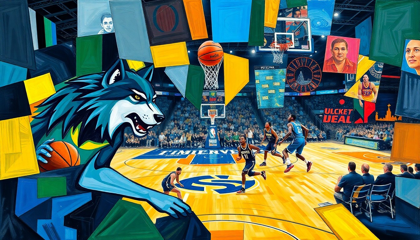 A cubist, geometric painting depicting a basketball game in motion, with fragmented, overlapping shapes and planes of blue, green, gold, and white representing the players and action on the court.