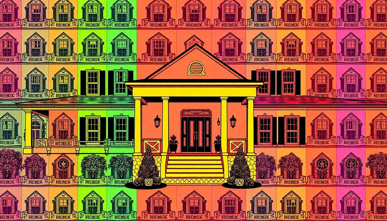 A brightly colored, high-contrast silkscreen print of a large, two-story home exterior with a covered front porch, stone accents, and manicured landscaping, repeated in a tight grid pattern in bold neon hues and heavy black outlines, conceptually representing the upscale living offered in the Courtyards of Carmel.