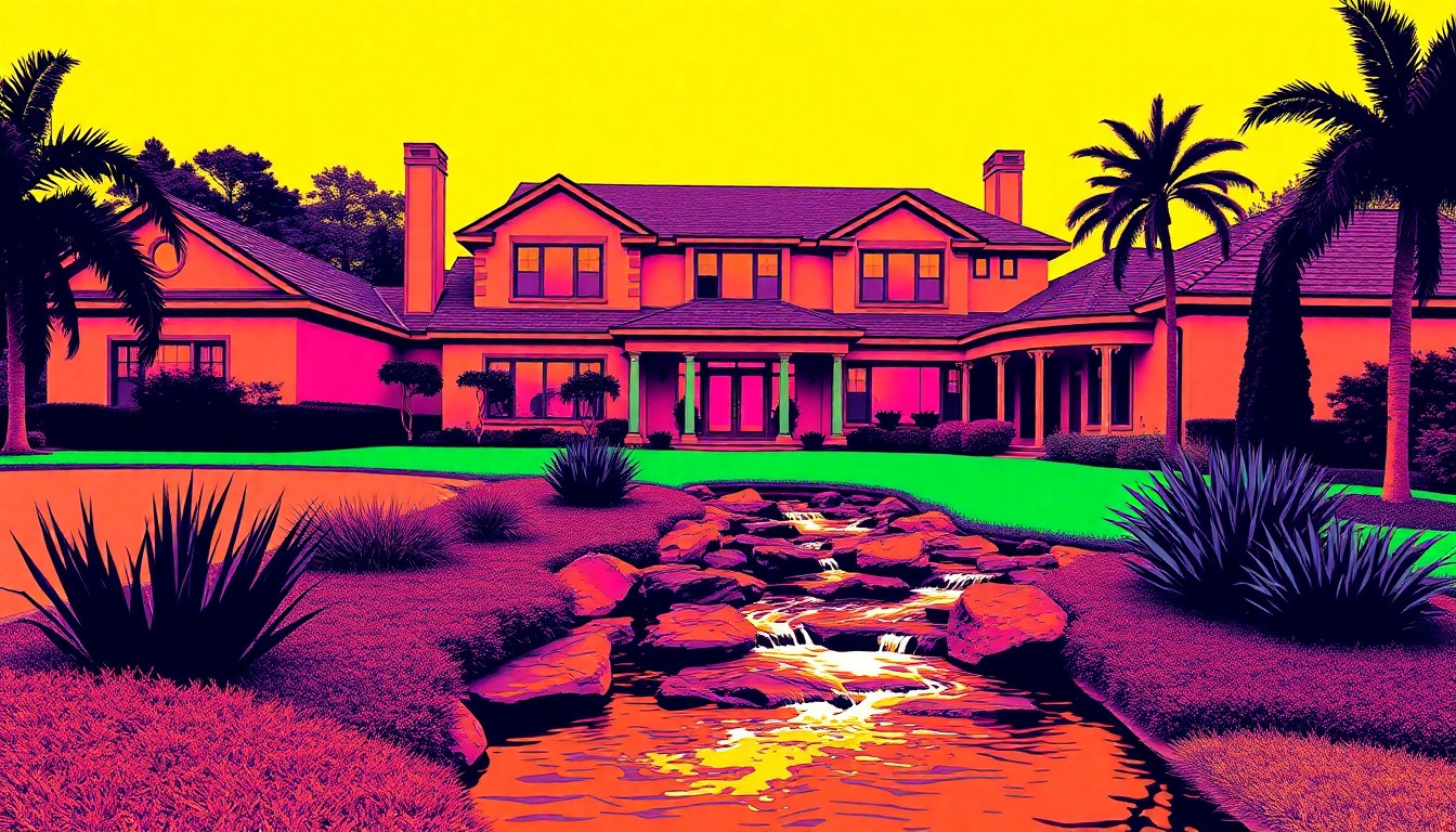A brightly colored, abstract silkscreen print depicting the exterior of a luxury home surrounded by a bubbling creek, with the image repeated in a grid pattern to create a bold, pop art-inspired visual.