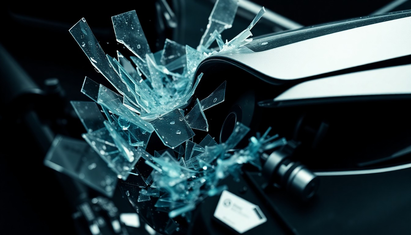An extreme close-up photograph of shattered glass and twisted metal from a luxury vehicle, captured in dramatic high-contrast lighting to create a sense of tension and urgency around the aftermath of a high-speed collision.